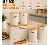 ATEK 6Pcs Kitchen Storage Canister Tins Set Cream Jars Airtight Bamboo Lids Tea Coffee Sugar Bread Biscuit Jar Panty Multi Purpose Bin