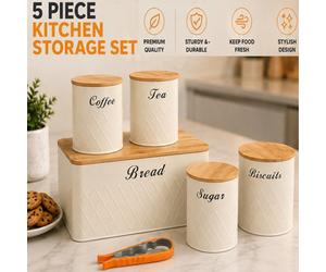ATEK 6Pcs Kitchen Storage Canister Tins Set Cream Jars Airtight Bamboo Lids Tea Coffee Sugar Bread Biscuit Jar Panty Multi Purpose Bin