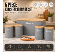 ATEK 6Pcs Kitchen Storage Canister Tins Set Grey Jars Airtight Bamboo Lids Tea Coffee Sugar Bread Biscuit Jar Panty Multi Purpose Bin