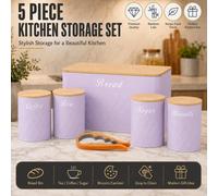 ATEK 6Pcs Kitchen Storage Canister Tins Set Purple Jars Airtight Bamboo Lids Tea Coffee Sugar Bread Biscuit Jar Panty Multi Purpose Bin