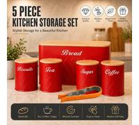 ATEK 6Pcs Kitchen Storage Canister Tins Set Red Jars Airtight Bamboo Lids Tea Coffee Sugar Bread Biscuit Jar Panty Multi Purpose Bin