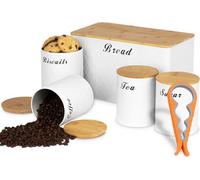 ATEK 6Pcs Kitchen Storage Canister Tins Set White Jars Airtight Bamboo Lids Tea Coffee Sugar Bread Biscuit Jar Panty