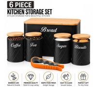 ATEK 6Pcs Kitchen Storage Tins Black Canister Jars Airtight Bamboo Lids Tea Coffee Sugar Bread Biscuit Jar Opener Pantry Storage Set