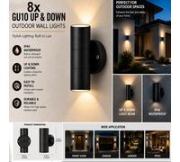 ATEK 8 Pack Black Outdoor Up And Down Wall Lights Ip44 Waterproof Black Stainless Steel Exterior Wall Sconce Gu10 Mains Powered Light