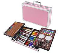 ATEK Art Set For Kids With Aluminum Case, 145 Pcs Pink Deluxe Artist Sketching And Colouring Case For Beginners, Paints Crayons Pencils