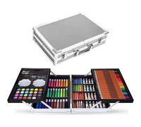 ATEK Art Set For Kids With Aluminum Case, 145P Silver Deluxe Artist Sketching And Colouring Case For Beginners, Paints Crayons Pencils