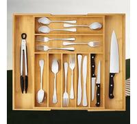 ATEK Bamboo Extending Cutlery Tray - Wooden Utensil Drawer Organiser with 6-8 Adjustable Compartments - Cutlery Trays for Kitchen Drawers Ideal for Knife Forks Spoons 33-43.2 x 43.2 x 5 cm