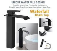 ATEK Black Waterfall Tall Basin Mixer Tap Chrome Finish Single Lever Faucet Square Mono Bathroom Sink Tap for Hot & Cold Water Atek Black