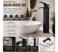 ATEK Black Waterfall Tall Basin Mixer Tap, Single Lever Square Mono Bathroom Sink Tap For Hot & Cold Water