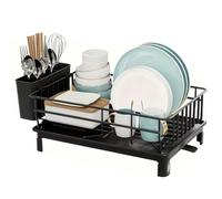 ATEK Dish Drainer Rack - Space Saving Dish Drainer, Dish Racks for Kitchen Counter Stainless Steel Kitchen Drying Rack with Cutlery Holder Large (Black)