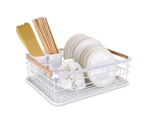 ATEK Dish Drainer Rack with Drip Tray & Wooden Handle, Counter Organiser | Modern Design, Sink Drainer Rack for Pots Plate Cutlery, Draining Board, Easy Assemble