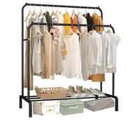 ATEK Double Hanging Rails for Clothes, Heavy Duty Metal Clothes Rail 150x110x57cm Clothes Hanging Rack with Hooks & Shoe Storage Shelf, Coat Rack for Bedroom Storage Organiser for Home