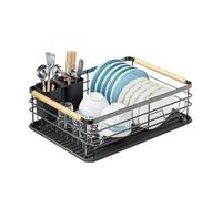 ATEK Draining Board Rack with Drip Tray Wooden Handle, Dish Drying Rack | Modern Design Cutlery Holder, Space Saving Countertop Organiser, Easy Assemble