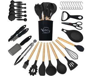 ATEK Kitchen Utensils Set 35 Pack Black Non-Stick Wooden Handle Heat Resistant Cooking Set Spoons Turners Spatula Ladle Tool Set
