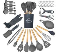 ATEK Kitchen Utensils Set 35 Pack Grey Non-Stick Wooden Handle Heat Resistant Cooking Set Spoons Turners Spatula Ladle Tool Set