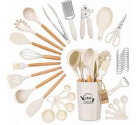 ATEK Kitchen Utensils Set 35 Pack White Non-Stick Wooden Handle Heat Resistant Cooking Set Spoons Turners Spatula Ladle Tool Set
