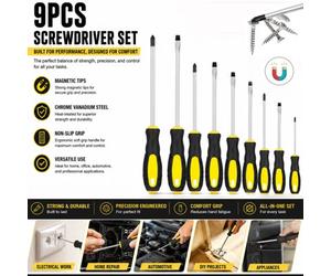ATEK Magnetic Screwdriver Set 9 Pcs, Heavy Duty Chrome Vanadium Steel Soft Grip Insulated Handle Philips Slotted Pozi Flat Screwdrivers