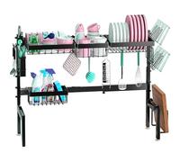 ATEK Over the Sink Dish Drying Rack, 2-Tier Expandable (26"- 33.5") Metal Steel Kitchen Drying Rack with Utensil Holders, Cutting Board Slot, Glass & Plate Storage, Over Sink Drainer Racks, Black