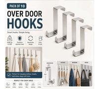 ATEK Pack Of 10 Over The Door Hanging Hooks Stainless Steel Space-Saving Reversible Design Towels Hats Bag Jacket Coat Wardrobe