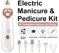 ATEK Professional Rechargeable Electric Nail File Drill Adjustable 5 Speed Led Light Portable Manicure Pedicure Set With 6 Drill Bits