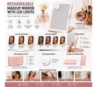 ATEK Rechargeable Travel Makeup Mirror With Lights, 10X Mini Magnification & 3 Color Led Lighting, Pink Dimmable Touch Screen Tabletop