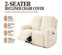 ATEK Recliner Sofa Chair Cover 2 Seater Stretch Covers With Side Pockets Anti-Slip Fitted Washable Furniture Protector Cream
