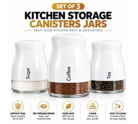 ATEK Set Of 3 Glass Kitchen Storage Canisters Jars With Airtight Screw Lid For Coffee, Sugar, Tea, Countertop Pantry Storage Organizer