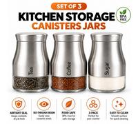 ATEK Set Of 3 Glass Kitchen Storage Canisters Jars With Silver Airtight Screw Lids, Coffee, Tea, Sugar Pantry Container Organizer Set