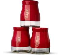 ATEK Set Of 3 Glass Kitchen Storage Canisters With Red Screw Lids, Coffee, Tea, And Sugar Jars, Airtight Food Containers Set