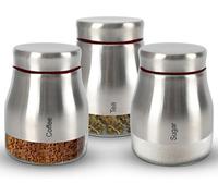 ATEK Set Of 3 Glass Kitchen Storage Canisters With Silver Screw Lids, Coffee, Sugar, And Tea Jars, Airtight Food Containers Set
