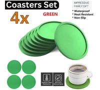 ATEK Set Of 4 Silicone Green Coasters Tabletop Protection Non Slip Non Stick Cup Coaster Pads For Drinks Bar Coffee Glass Round Mugs