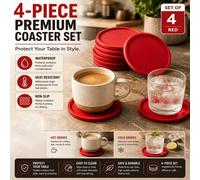ATEK Set Of 4 Silicone Red Coasters Tabletop Protection Non Slip Non Stick Cup Coaster Pads For Drinks Bar Coffee Glass Round Mugs