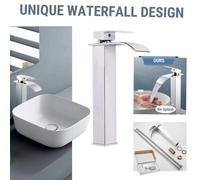 ATEK Silver Waterfall Tall Basin Mixer Tap, Chrome Finish Single Lever Faucet Square Mono Bathroom Sink Tap For Hot & Cold Water