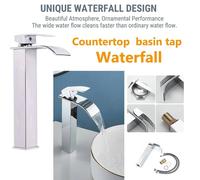 ATEK Sliver Waterfall Tall Basin Mixer Tap Chrome Finish Single Lever Faucet Square Mono Bathroom Sink Tap for Hot & Cold Water in Silver Atek Silver