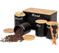 ATEK Tea Coffee Sugar Biscuit Tins, Airtight Bamboo Lids | 5 Pcs Canister Set with Can Opener, Round Biscuit Jars, Space Saving Design, Kitchen Counter Organization
