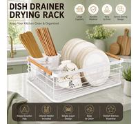 ATEK White Dish Rack Drainer With Drip Tray, Single-Tier Kitchen Drying Rack For Plates, Bowls And Cutlery, Countertop Organiser