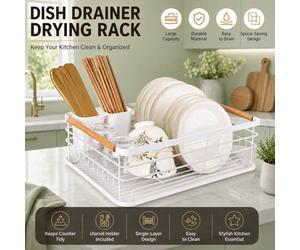 ATEK White Dish Rack Drainer With Drip Tray, Single-Tier Kitchen Drying Rack For Plates, Bowls And Cutlery, Countertop Organiser