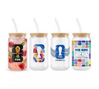 Atelier Sportif FIFA Sipper Glass Cup 4 Pk 16Oz with Bamboo Lids, Reusable Straws & 2 Cleaning Brushes - Authorized Collector’s Gift Merchandise, Perfect Soccer Fan Gift, Durable Glass Reinforced Grip