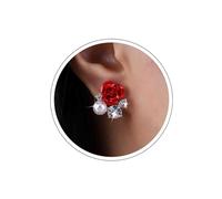 Atentuyi Boho Wedding Rose Flower Stud Earrings Gold Acrylic Red Flower Earrings Small Pearl Earrings Tiny Crystal Earrings Vintage Floral Earrings Jewelry for Women and Girls