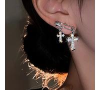 Atentuyi Double Cross Drop Earrings Silver Crystal Cz Cross Earrings Rhinestones Cross Dangle Earrings Cz Safety Pin Earrings Religion Earrings for Women and Girls