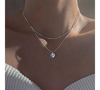Atentuyi Layered Crystal Heart Pendant Necklace Silver Opal Heart Necklace Love Heart Choker Heart Moonstone Necklace Double Chain Birthstone Necklace Jewelry for Women and Teen Girls