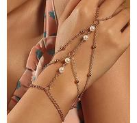 Atentuyi Pearl Hand Chain Gold Beaded Finger Ring Bracelet Layered Tassel Metal Chain Retro Slave Bracelets Boho Jewelry for Women and Girls