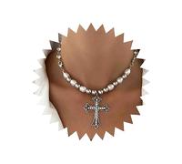 Atentuyi Punk Rock Gothic Big Cross Necklace Silver Religious Necklace Cz Cross Pendant Necklace Pearl Bead Choker Crystal Chain Vintage Necklace Jewelry for Women and Girls