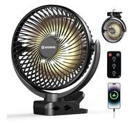 Ateroll 10000mAh Clip on Fan with Remote, 3 Speeds USB Portable Fans Rechargeable with Timer & LED Lights, 360°Rotate 8" Battery Powered Desk Fans for Home Office Travel Camping(Black)