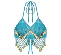 ATEUXOL Belly Dancer Top Sexy Women Beaded Sequins Belly Dance Costumes Bra Professional Dancer Outfits Stage Performance Carnival Tops BRA(Light Blue)