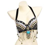 ATEUXOL Belly Dancer Top Vintage Bra Tribal Belly Dance Push Up Wooden Beads Top(Beige,S)