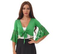ATEUXOL Belly Dancer Top Women Short Jacket Belly Dance Costume Flared Sleeves Knot Shawl Cardigan Sparkle Beads Tassel Top Dancewear(Green,3XL)