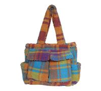 ATEUXOL Fluffy Tote Bag Women Large Capacity Tote Handbag Lamb Wool Underarm Bag Retro Plush Plaid Shoulder Fluffy(Blue)