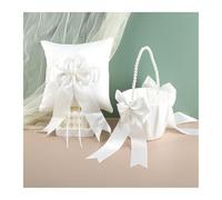 ATEUXOL Ring Pillow Cushion Ring Bearer Pillow and Flower Basket Set for Wedding, White Satin Cushion Pearl Handle Baskets(Ring pillow set)