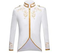ATEUXOL Vintage Costume Men Men's Vintage Jacket Coat Embroidery Zip Up Stand Collar Prince King Cosplay Costume Blazera Coats(WHITE,XL)